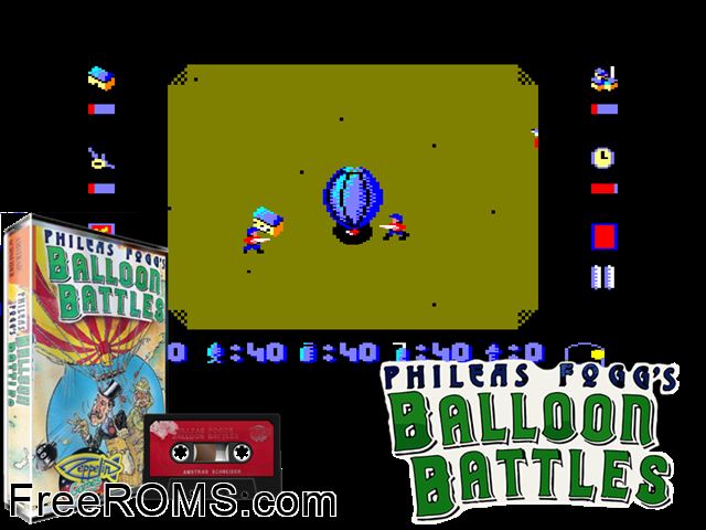 Phileas Fogg's Balloon Battles (UK) (1991) [a1] Amstrad CPC game showing 3D box cover and gameplay screenshot